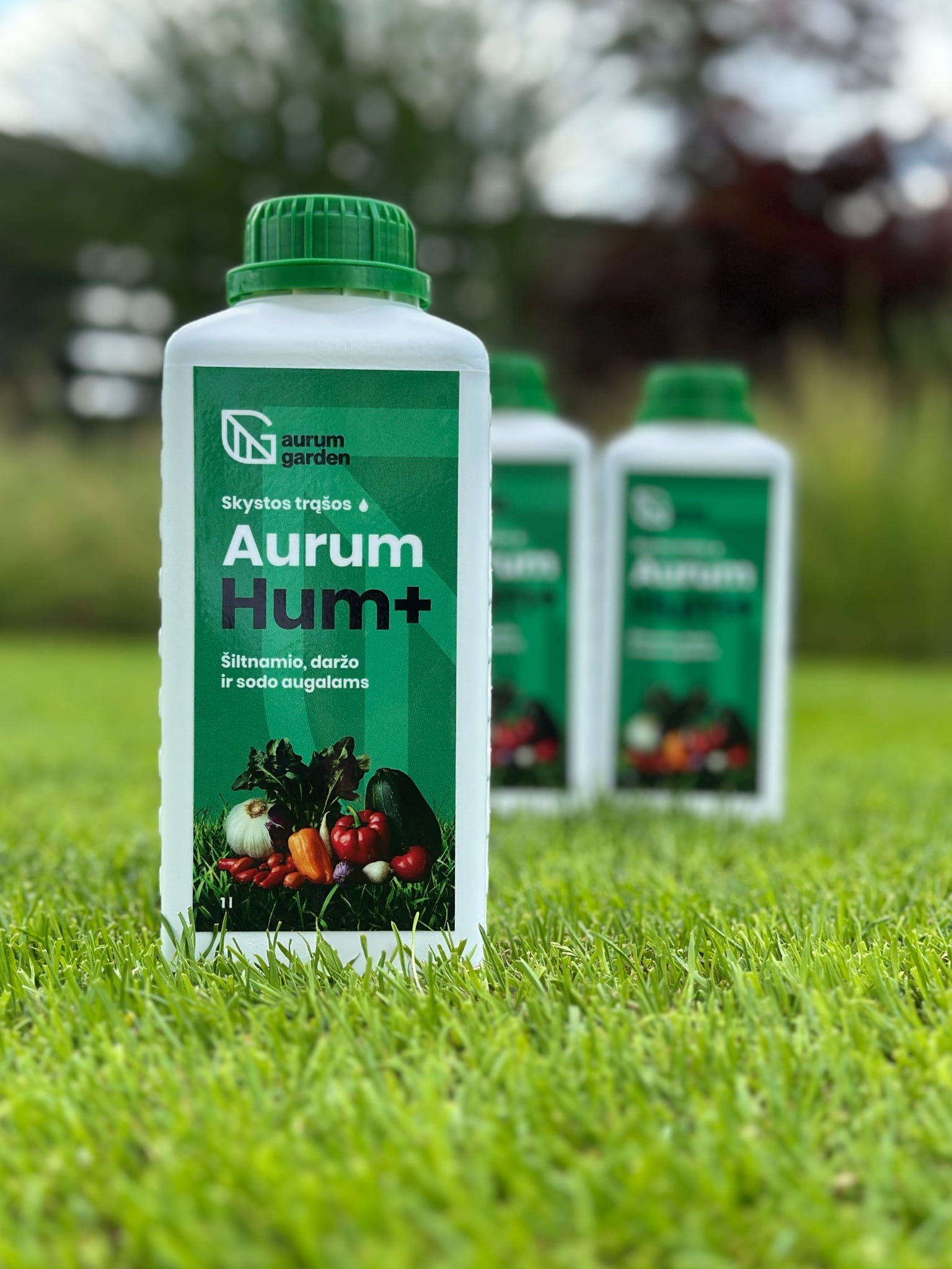 Skystos trąšos daržovėms "Aurum Hum+ Daržui". Produkto pakuotė pastatyta ant žalios vejos.